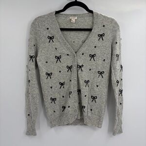 J. Crew merino wool blend grey bow girly indie preppy sweater cardigan size xs